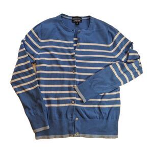 Lands' End Size Medium 100% Supima Cotton Button Down Blue White Stripe Cardigan
